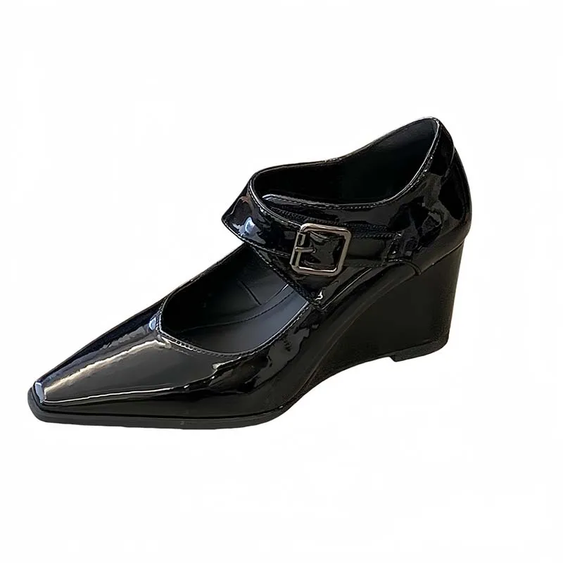 

Black Wedges Heels For Woman Patent Leather Pointed-Toe Office Shoes Brown Vintage Heels Fall Chunky Shoes 2026 New Arriavl