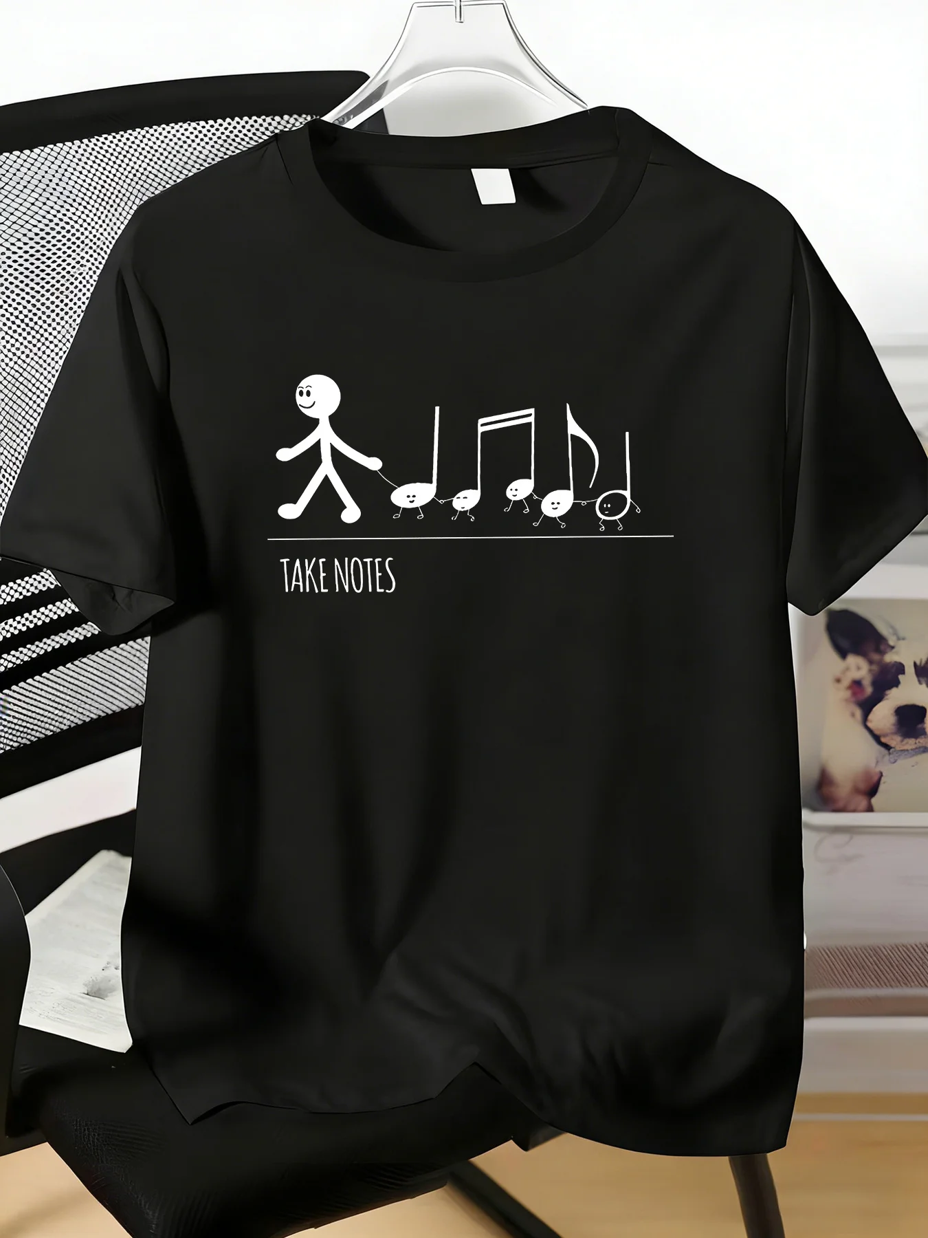 Stick Figure Pull Cute Music Notes Take Notes Print Mens Cotton Crew Neck Short Sleeve Tee Casual Summer Top For Music Fan Male
