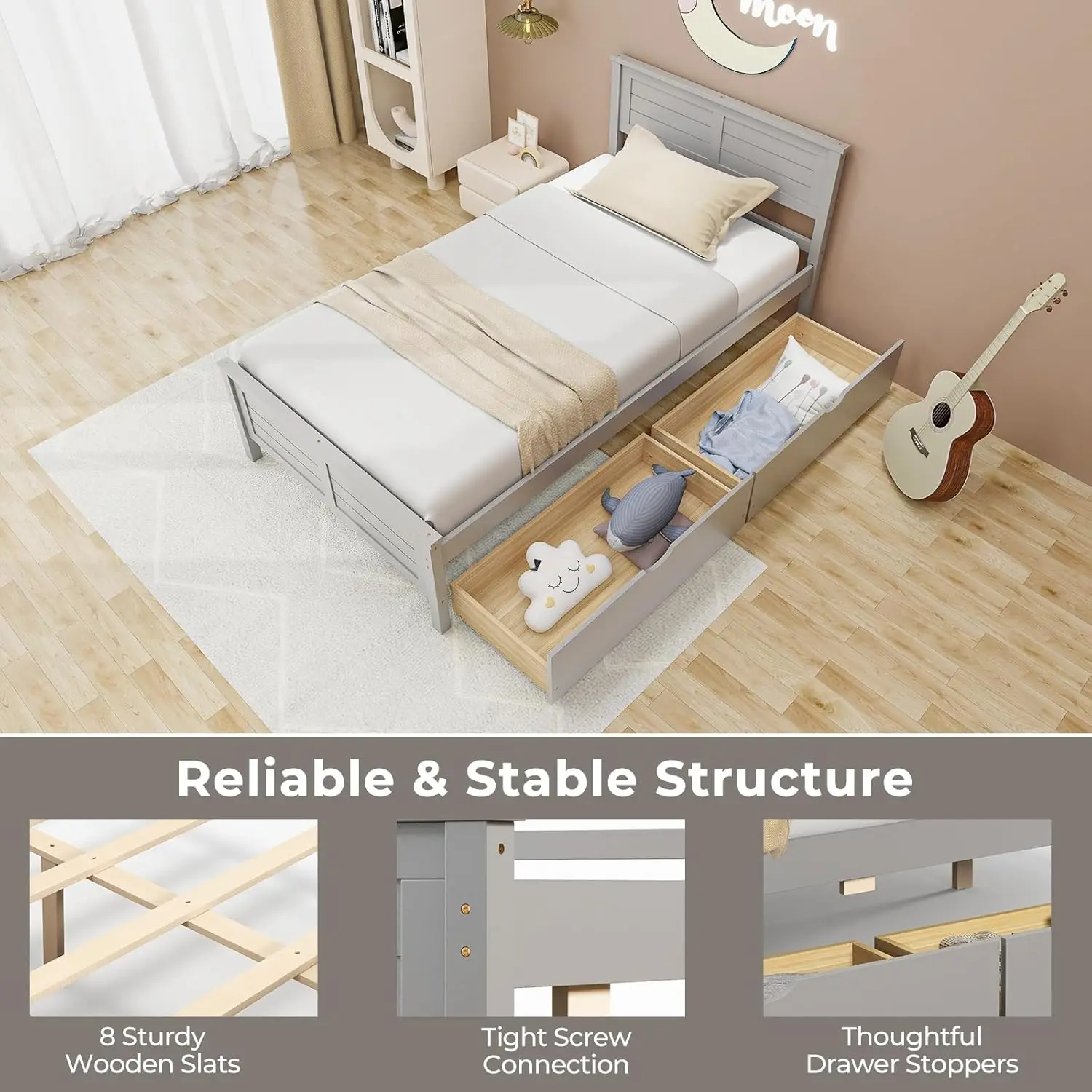 Wood Twin Bed with 2 Storage Drawers, Solid Wood Platform Bed with Headboard, Wooden Slats Support Mattress Foundation, No Sprin