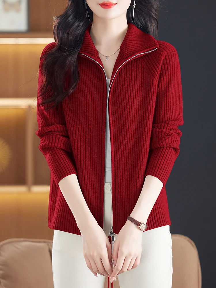 

Solid Women's Coat Autumn Winter Outwears Long Sleeve Knitwears Zipper Slim Jacket Woman