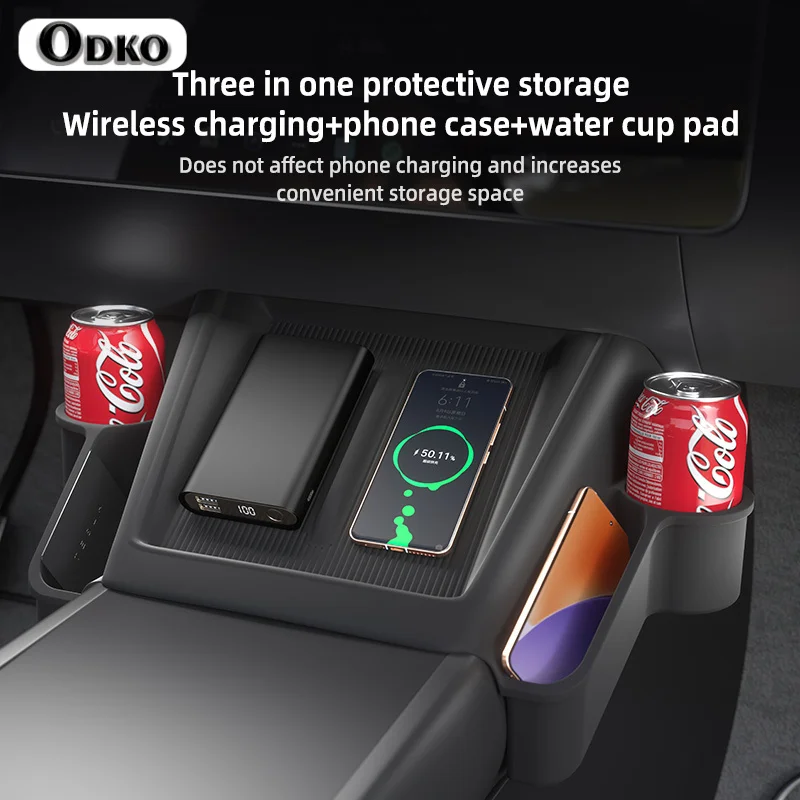 Suitable for Tesla model Y2025 wireless charging mobile phone pocket with water cup positions on both sides, anti-slip storage p view 4