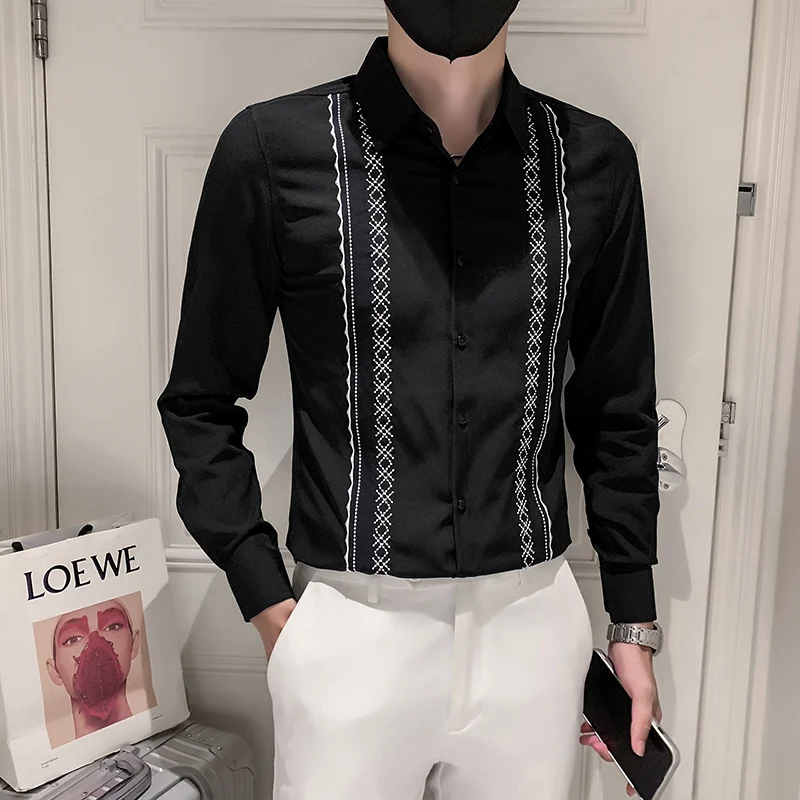Brand Men\'s Embroidery Shirts Stylish British Style Long Sleeve Social Men Shirt Boutique Design Chemise De Luxe Pour Homme 4XL