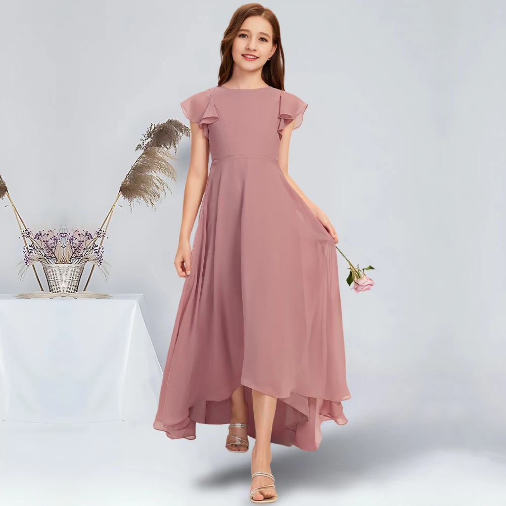 

A-line Scoop Asymmetrical Chiffon Junior Bridesmaid Dress Vintage Mauve Flower Girl Dress for Wedding Party Dresses For Teens