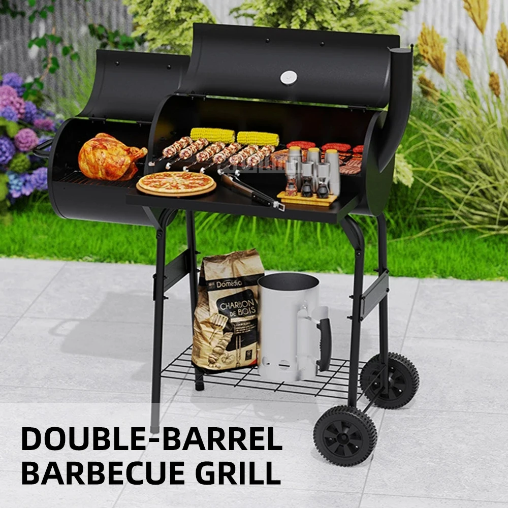​Dual-Bucket Charcoal BBQ Grill with Offset Smoker | Extra Large & Thick American Style Barbecue for Garden​