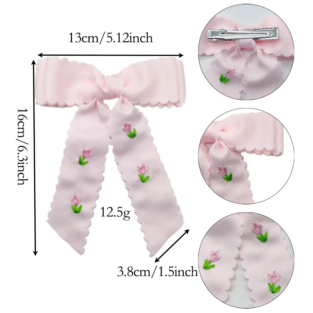 20pcs Floral Embroidery Bow Hair Clips Wave Edge Long Tassel Barrettes Kids Frill Bow Hairpins Baby Headwear Bulk for Girls