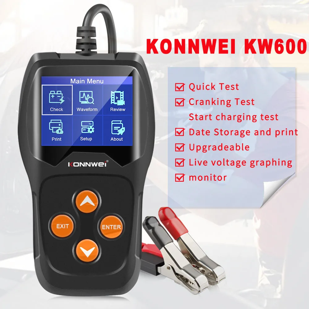 

KONNWEI KW600 Car Battery Tester 12V 100 to 2000CCA 12 Volts Battery Tools for the Car Quick Cranking Charging Diagnostic