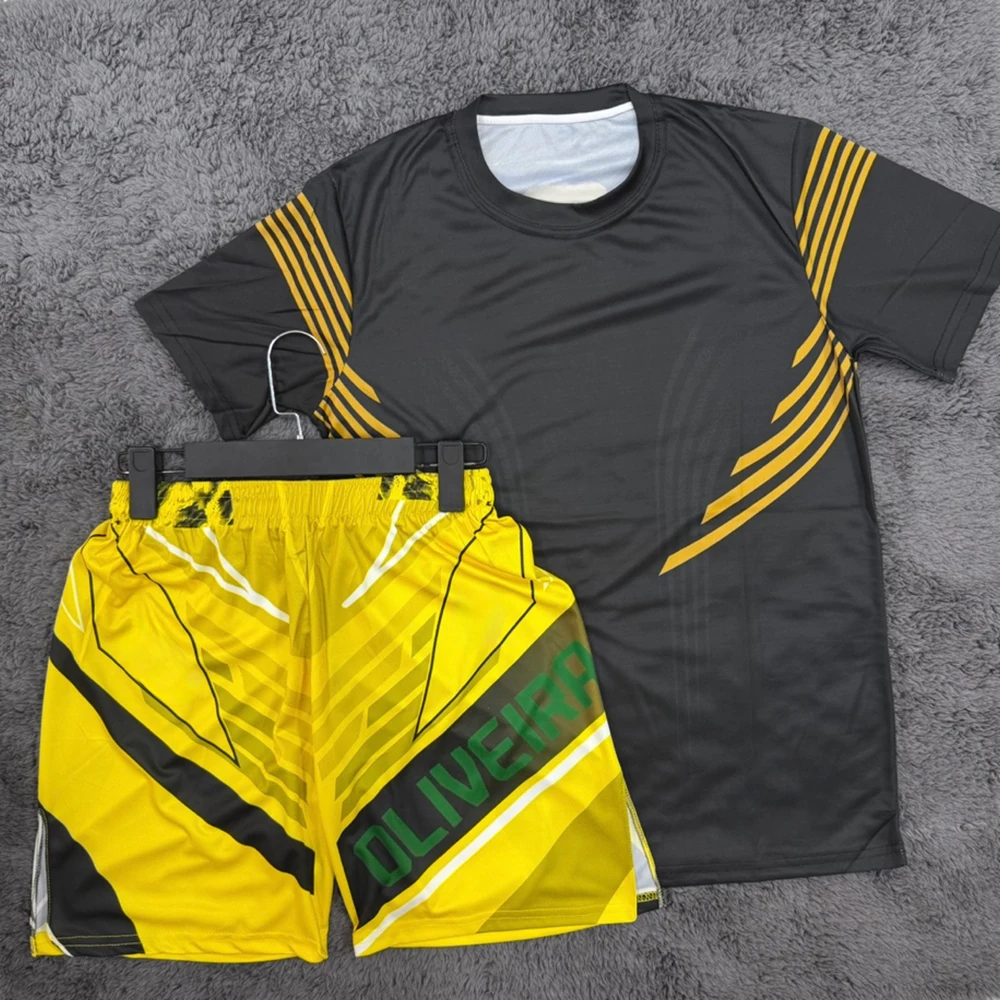 Summer Charles Oliveira MMA Yellow Edition Boxing Fighting Tee Shorts Men Quick-Dry Jersey Wrestling Running Sweat Absorbing Set