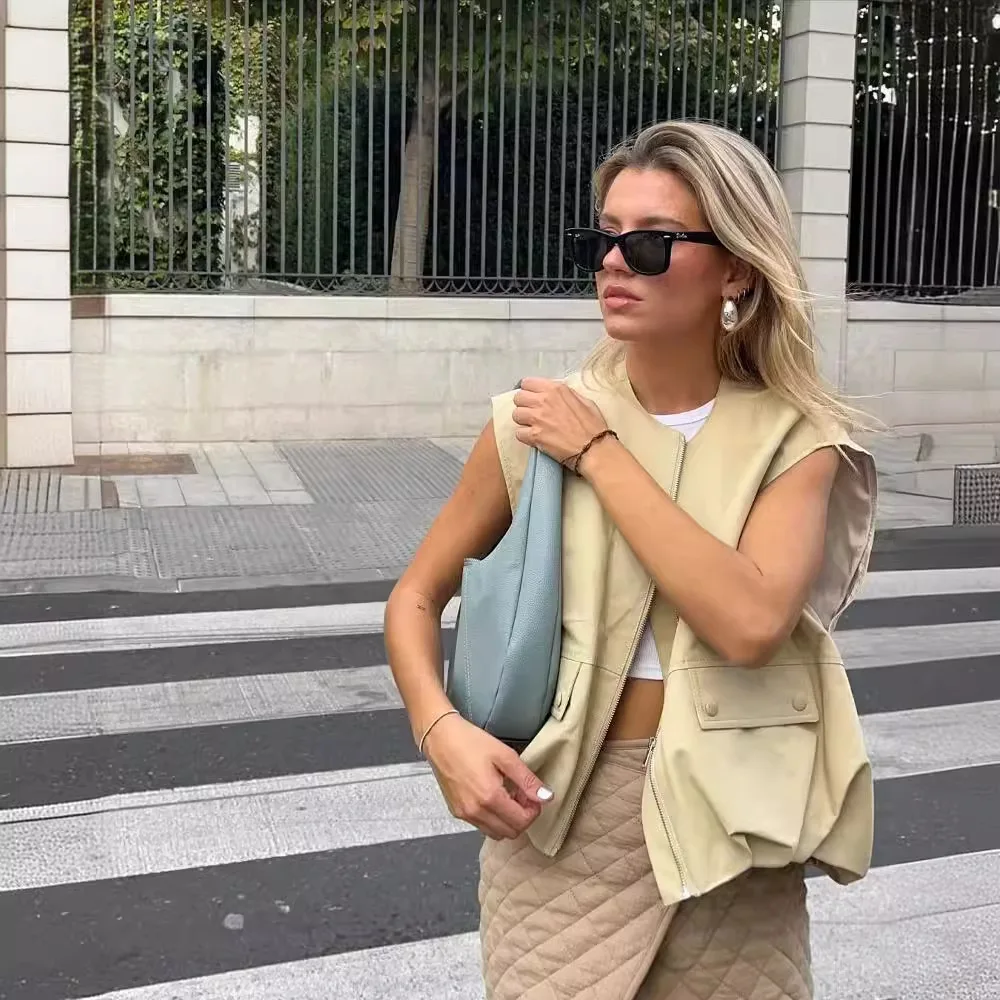 

Women's Casual Sleeveless Vest Cardigan round Neck Zipper Workwear Loose Large Edition Wrinkle Bottom Jacket