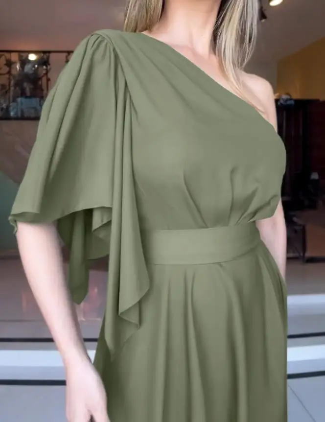 

2025 Women's Fashion Spring Summer One Shoulder Asymmetrical Ruffle Sleeve Dress Cinched Waist Asymmetrical Hem Maxi Dress