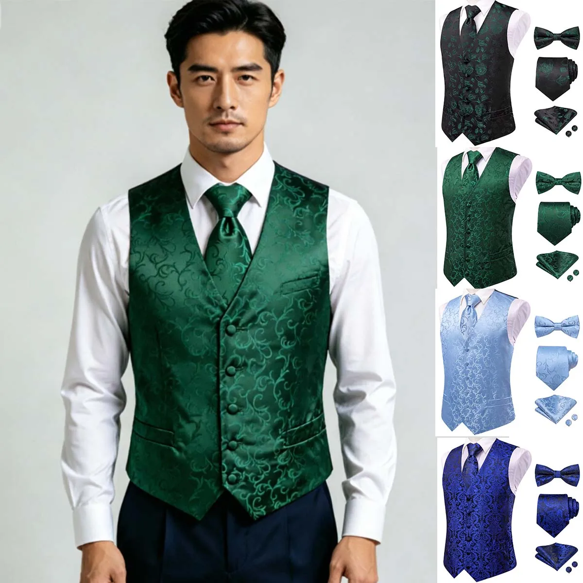 Conjunto de 5 piezas de chaleco azul verdoso con cuello en V y estampado paisley, corbata, pajarita, pañuelo de bolsillo y gemelos para traje formal