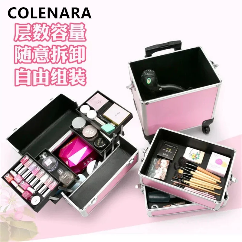 COLENARA New Luggage Women\'s Large-capacity Trolley Bags Fashion Beautician Makeup Case Removable with Wheels Rolling Suitcase