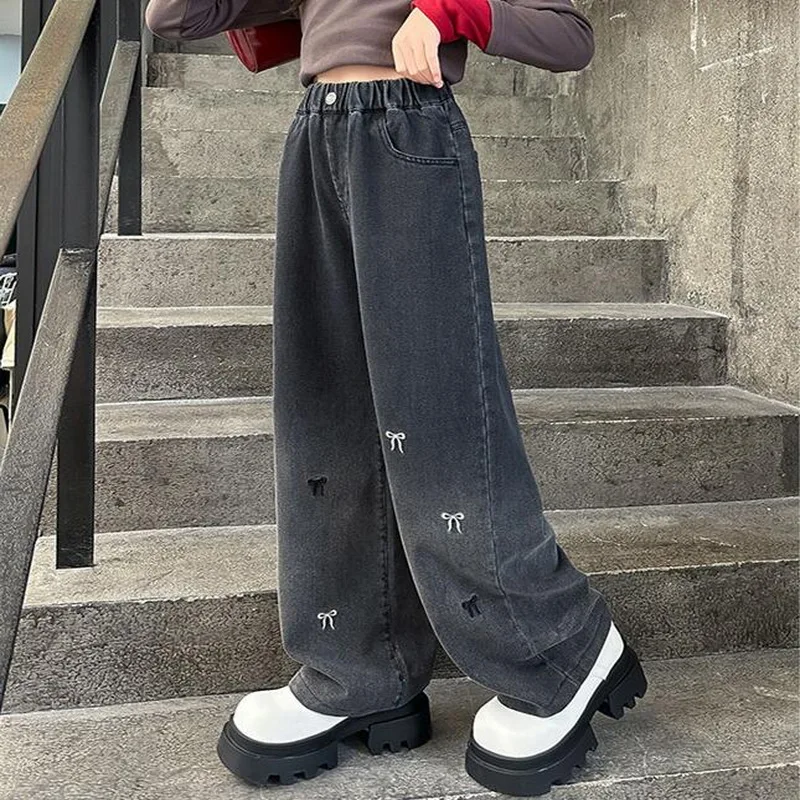 나비 자수 어린이 겨울 느슨한 청바지, 여아용 따뜻한 바지, 양털 안감 두꺼운 바지, 청소년용