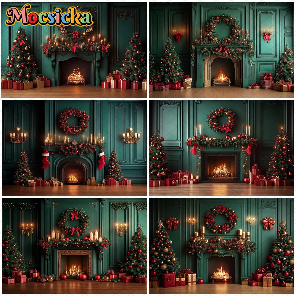 Mocsicka Christmas Photography Backgrounds Tree Decors Family Festival Party Photo Backdrops Green Wall Fireplace Pattern Banner