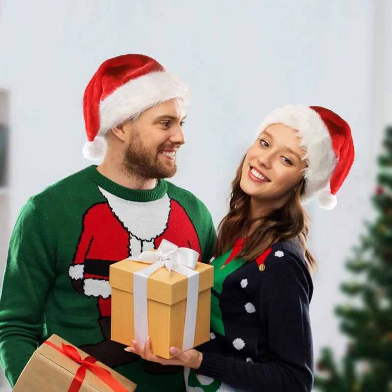 Chapeau de Noël long en peluche rouge avec pompon, casquette de père Noël plonger oyante, costume de Noël, fournitures de fête de vacances