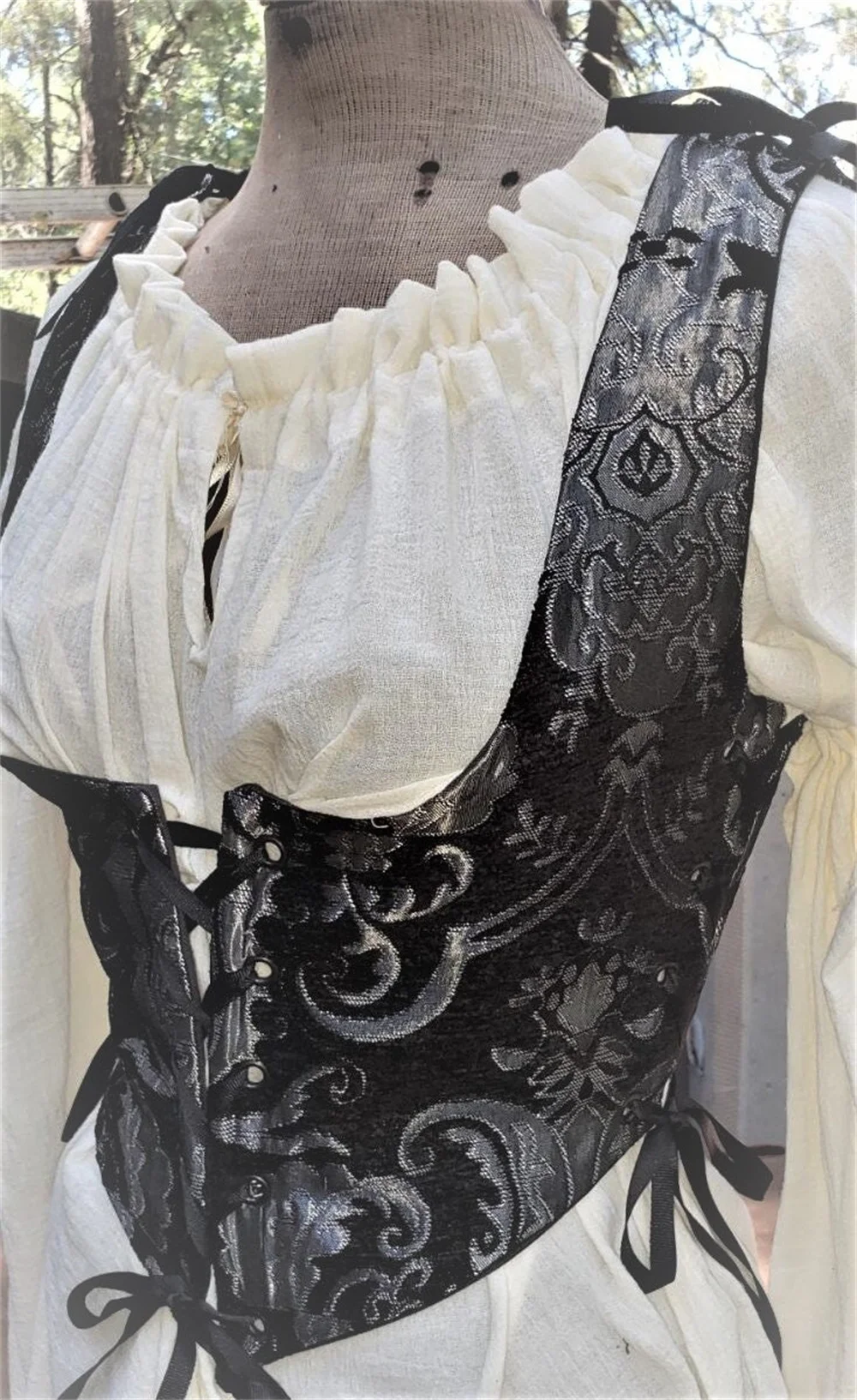 Brocade Vintage Peasant Top Lace Up Corset Bustiers Vest with Strap Medieval Renaissance Corset Top Ren Faire Overbust Corset