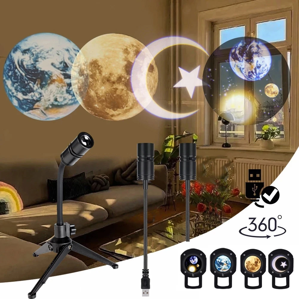 Moon Earth Projector Night Light Sunset Projection Led Desk Lamp For Bedroom Atmosphere Rainbow Lamp Decoration Light