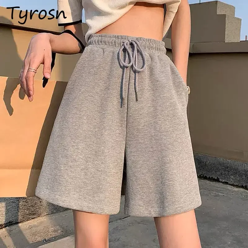 M-4XL Shorts Women Retro All-match Running Wide Leg Trousers Joggers Solid Knee-length Baggy Casual Short Teens Trendy Stylish