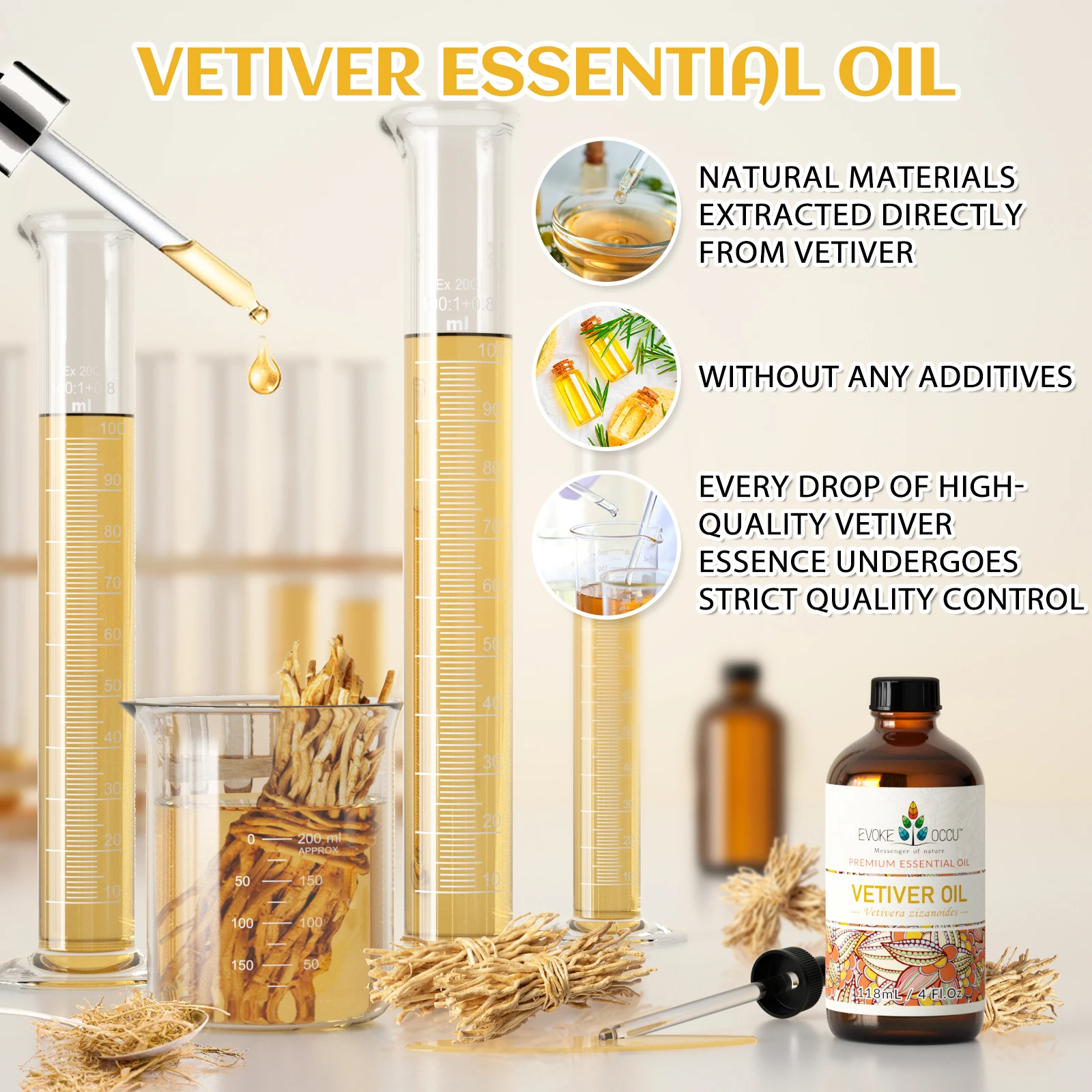 EVOKE OCCU 118ML/4 Fl.Oz. Essential Oils, Premium Vetiver Plant Oil for Aromatherapy, Diffuser, Humidifier, Massage, Skin, Hair,