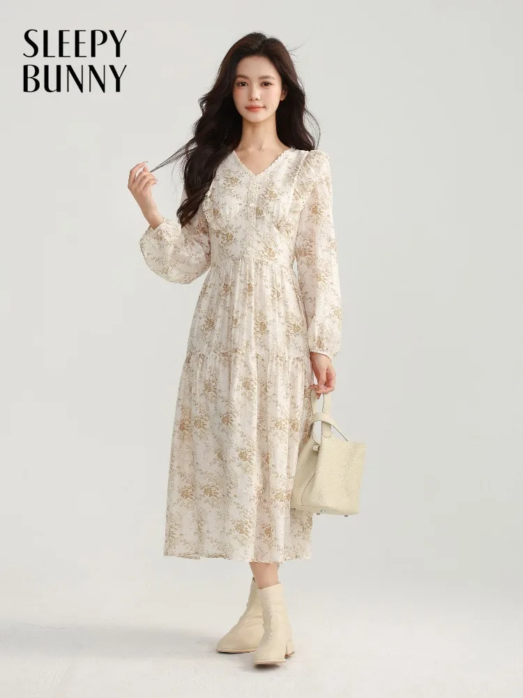 

Women Floral Chiffon Maxi Dress French Elegant V Neck Ruffle Trim Slim Waist Spring Long Dress Lady Soft Romantic Daily Outfit