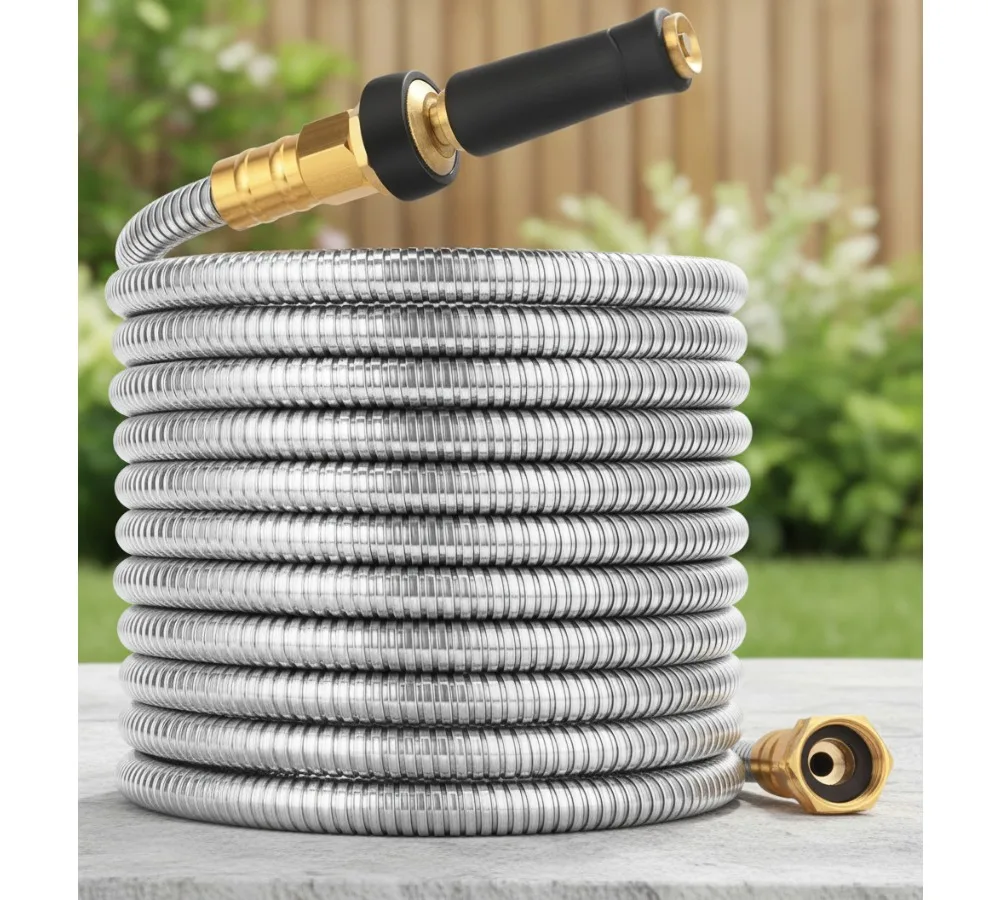 

100FT Expandable Garden Hose - Stainless Steel Flexible Water Hose Kink Free Heavy Duty for Outdoor Use