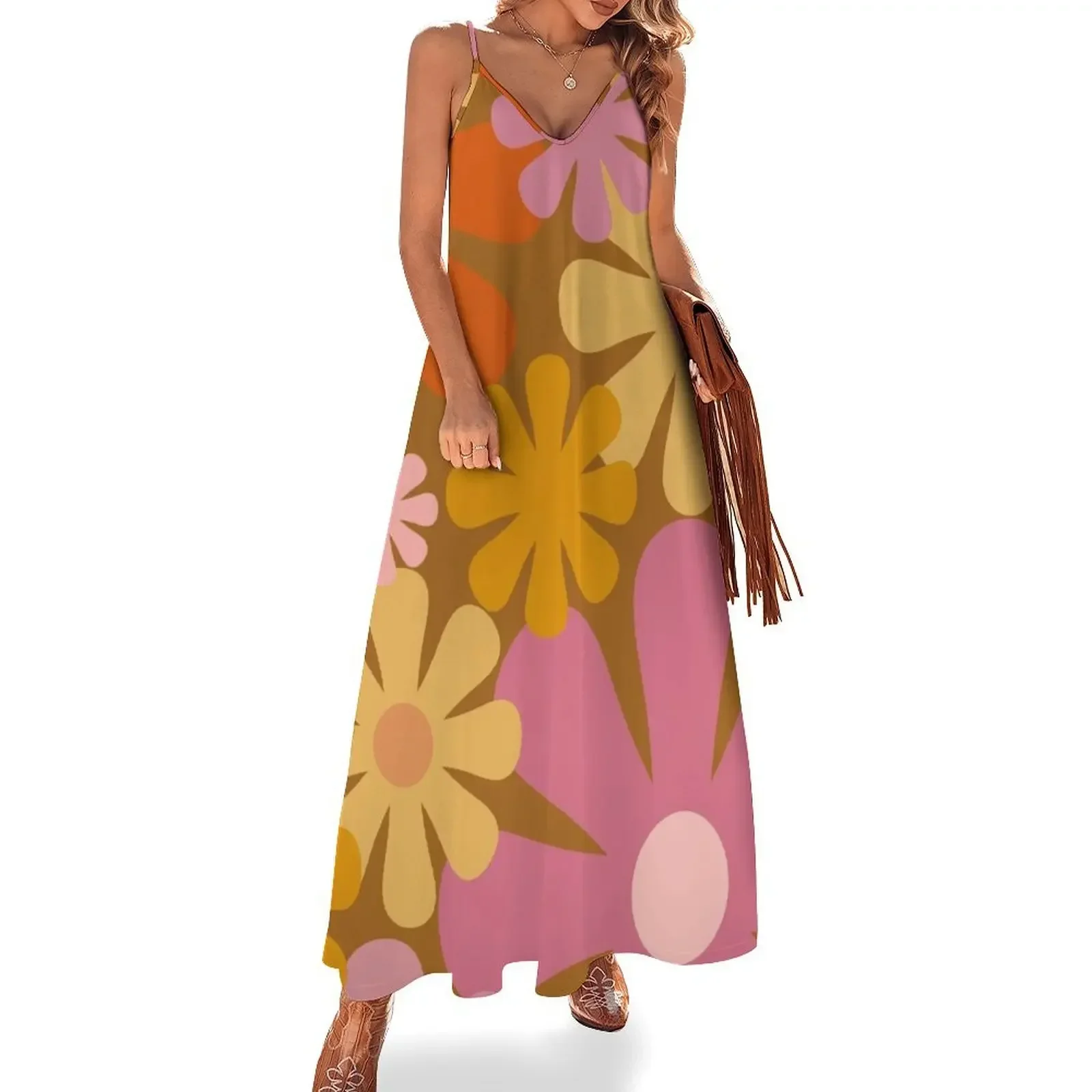 

Retro 60s 70s Flowers - Vintage Style Floral Pattern in Thulian Pink, Orange, Mustard, and Brown Sleeveless Dress