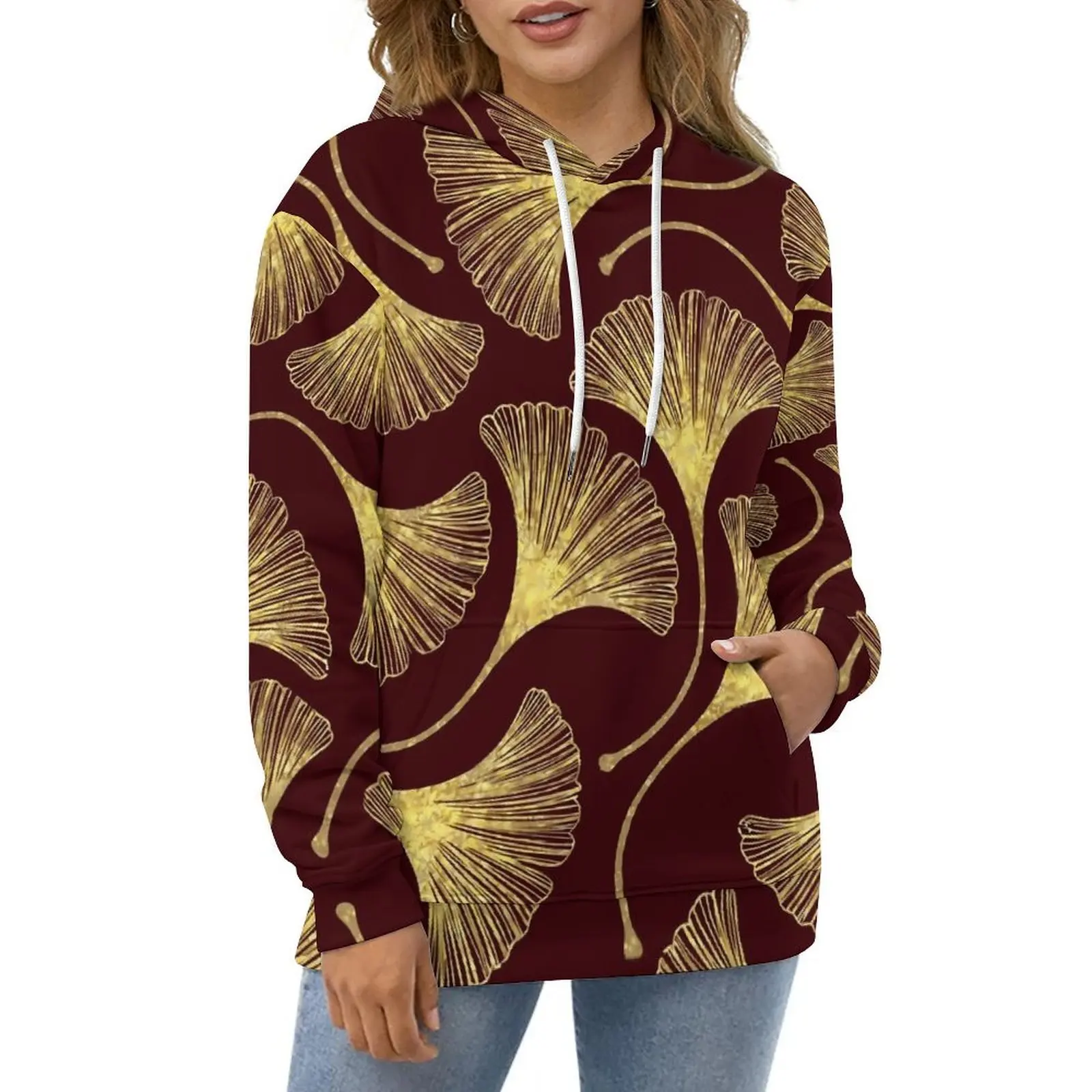 Golden Ginko Biloba Hoodies Long Sleeve Leaves Trendy Casual Pullover Hoodie Winter Hip Hop Oversized Loose Hooded Sweatshirts