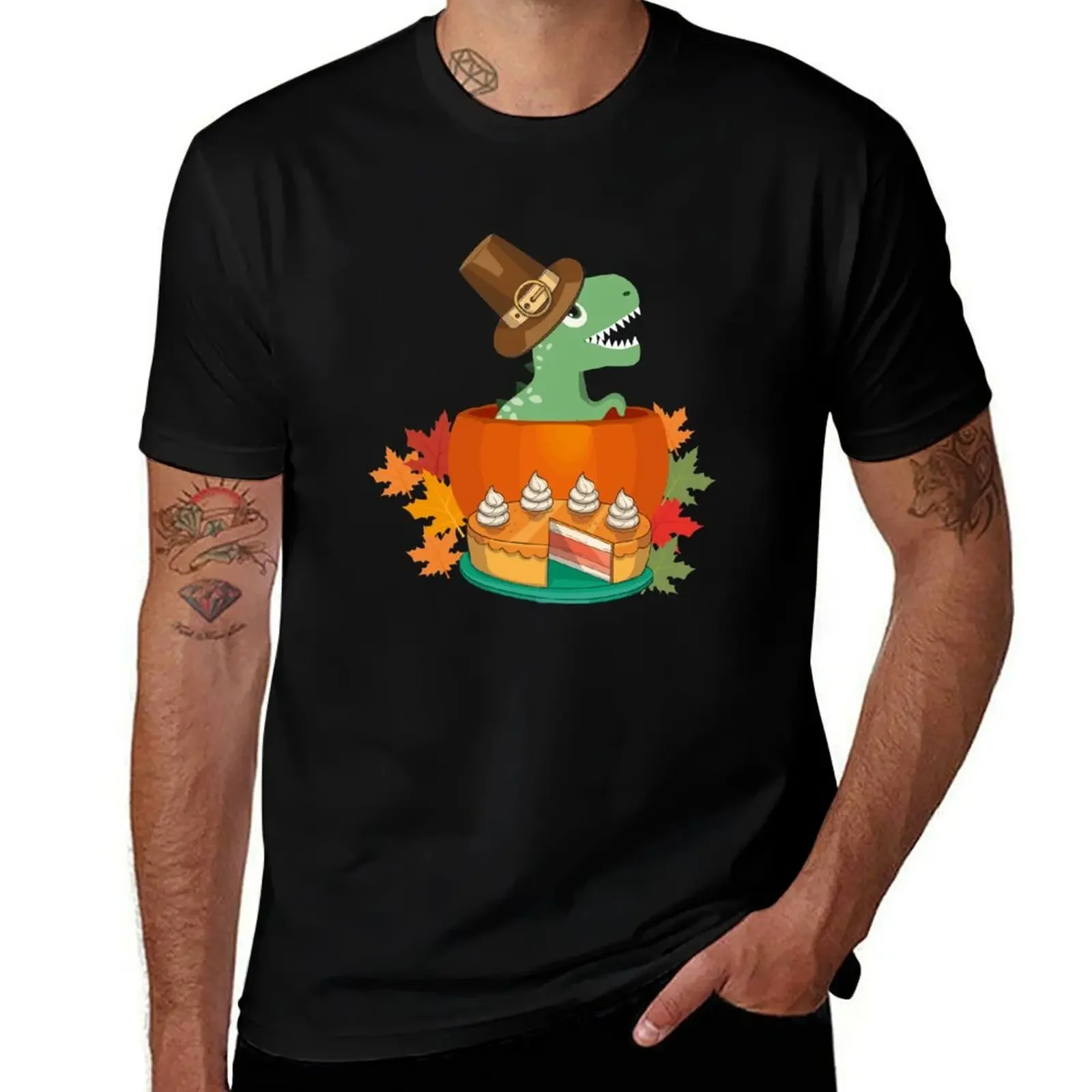 Pilgrim Trex Dinosaur Pumpkin Pie T-Shirt street wear anime oversized t shirt mens champion t shirts