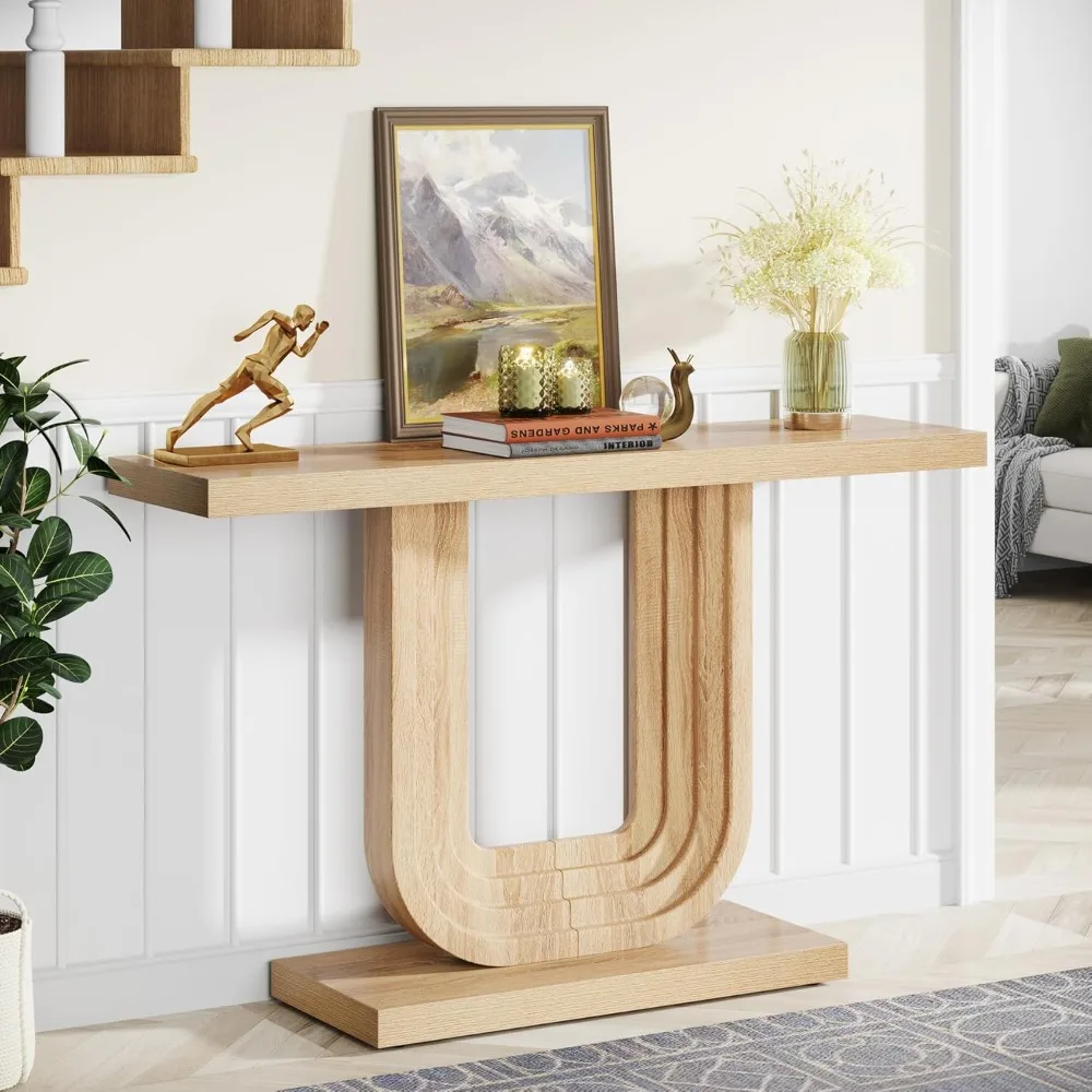 Mesa de entrada de granja, mesa consola Boho de madera de 39" con base geométrica, mesa de sofá estrecha detrás del sofá con almacenamiento