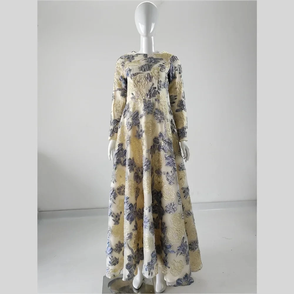 

Скромное вечернее платье с настоящими фотографиями по индивидуальному заказу, жаккардовое платье цвета шампанского с круглым вырезом и длинными рукавами длиной до пола, женское вечернее платье больших размеров