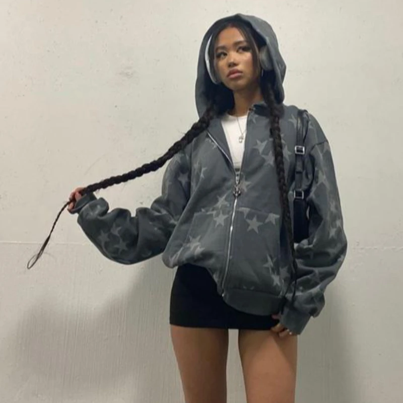 เสื้อฮู้ดดี้มีซิปพิมพ์ลายดาวสไตล์ยุโรปและอเมริกา ปี 2025 แบรนด์แฟชั่นสำหรับผู้หญิง ทรงหลวม