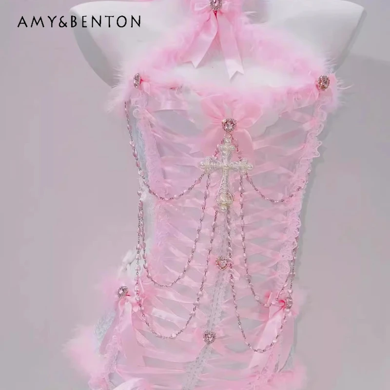 

2025 Summer New Pink Sweet Cool Cute Y2K Women's Camisole Original Design Pearl Lace Hollow Out Hot Girl Sexy Vest Sling Ladies