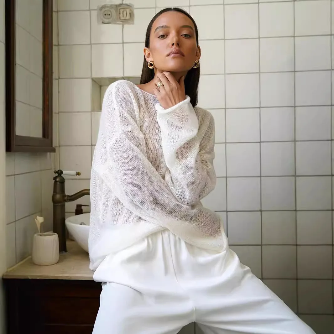 

Translucent Knitwear Intricate Openwork Wide Tshirt Breathable Flowing Dramatic Sweater See Through Flattering Knitted