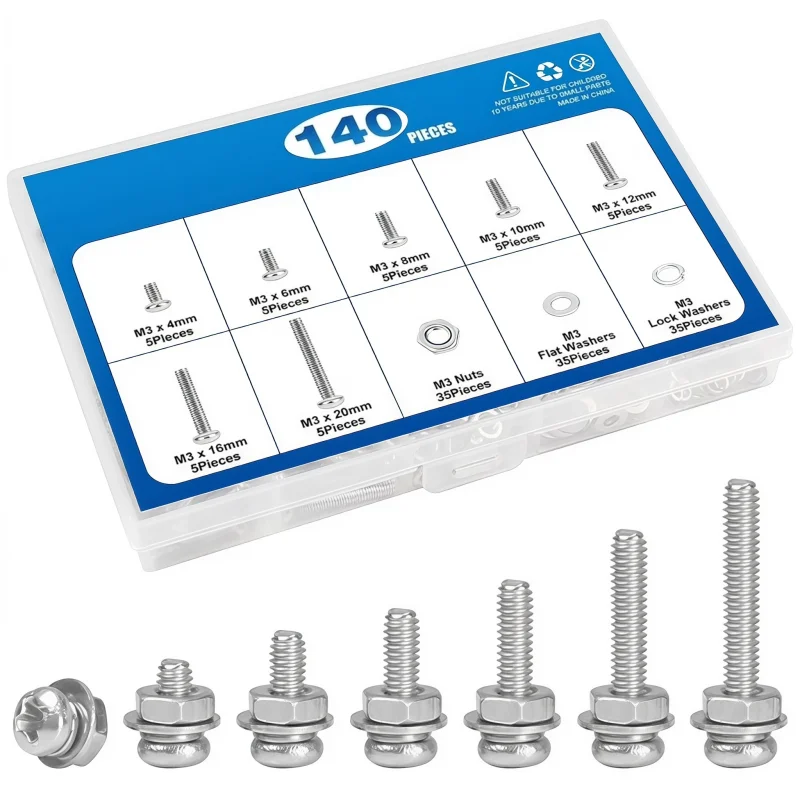 140-teiliges M3 Phillips-Flachkopfschrauben-Set mit Muttern und Unterlegscheiben, sortierte Größen von 4 mm bis 20 mm, vollständig genutet, für DIY-Projekte