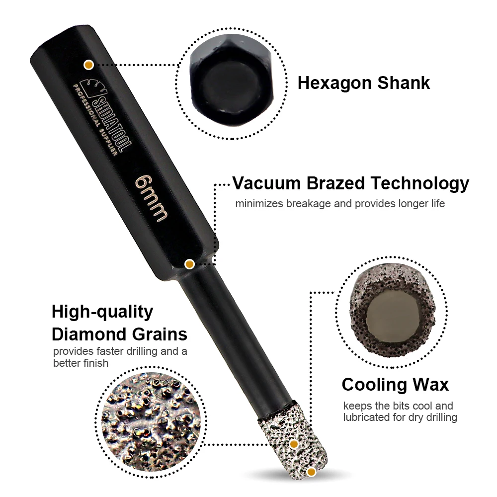 DIATOOL Dia 6mm Vaccum Brazed Diamond Drilling Bits For Stone(2PCS) Porcelain/tile,Masonry Hex Shank Dry Drill Bits