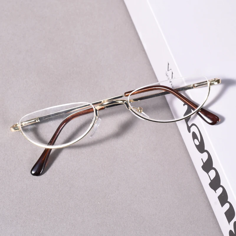 Goldfarbene runde Halbrahmen-Brille für Herren und Damen, Nahsichtbrille mit Federscharnier, leichte Lesebrille für Herren +125+175