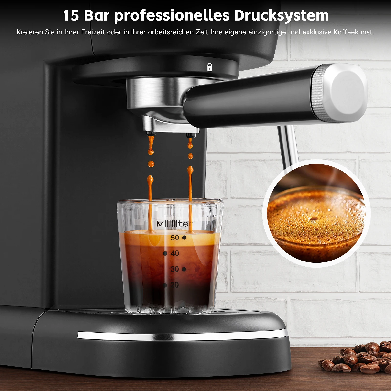 Tanque extraíble de 15 bares y 1,2 L, máquina compacta para capuchino/latte, acero inoxidable, 1100 W, cafetera espresso negra