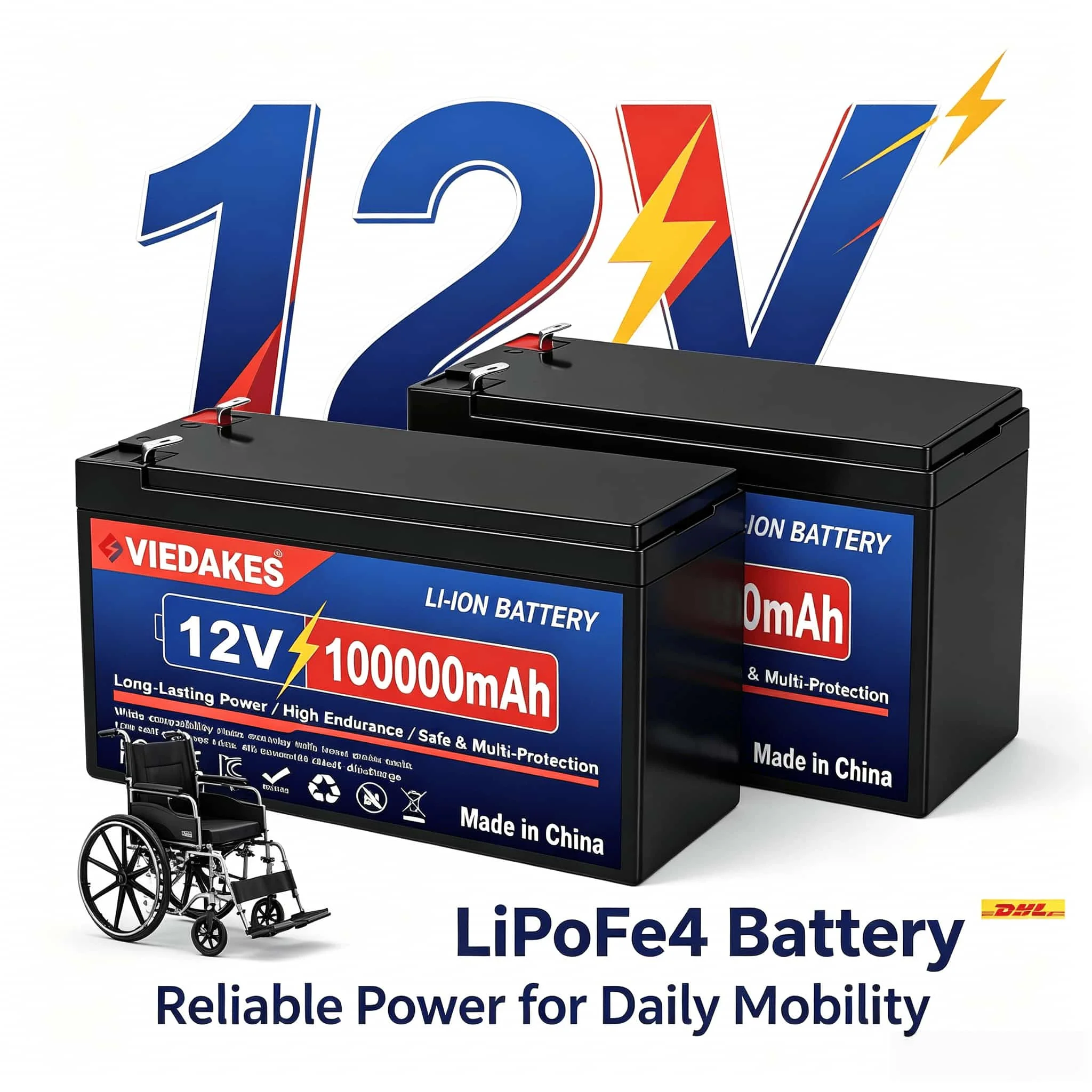 👍VIEDAKES 12V 100000mAh LiFePO4 Battery Deep Cycle Rechargeable Lithium Battery For Electric Wheelchair Mobility Scooter
