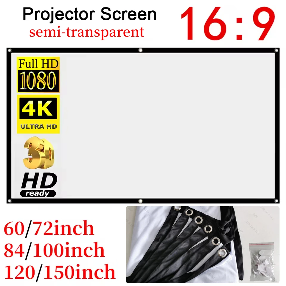 16:9 Ratio Hight-density Portable Projection Screen 1080P 3d 4K HD Projector Movie 60-150 Inchs for Home Office (Translucent)