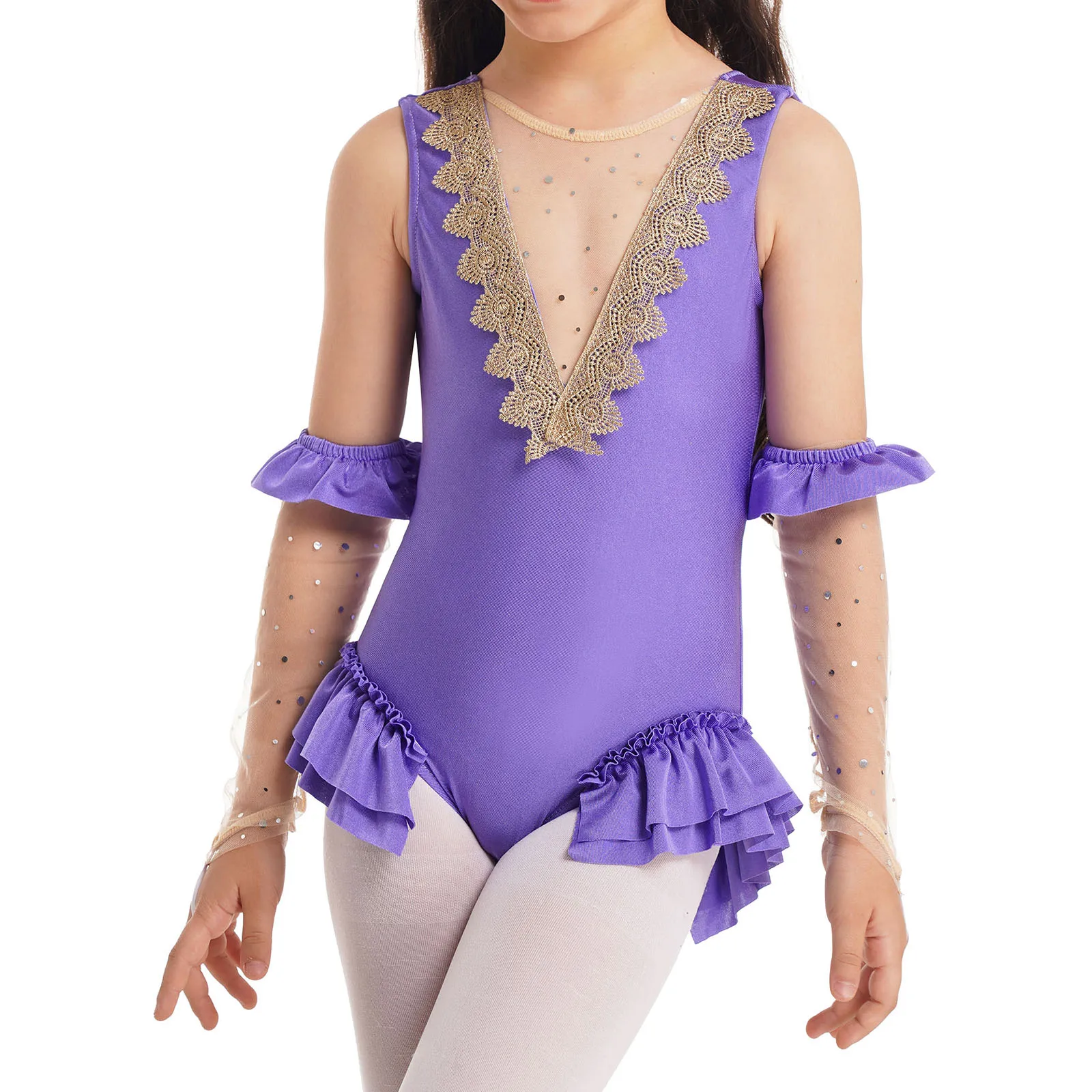 Kids Girls Showman Princess Trapeze Show Costume Sleeveless Mesh Patchwork Back Leotard with Arm Sleeves Halloween Fancy Dress