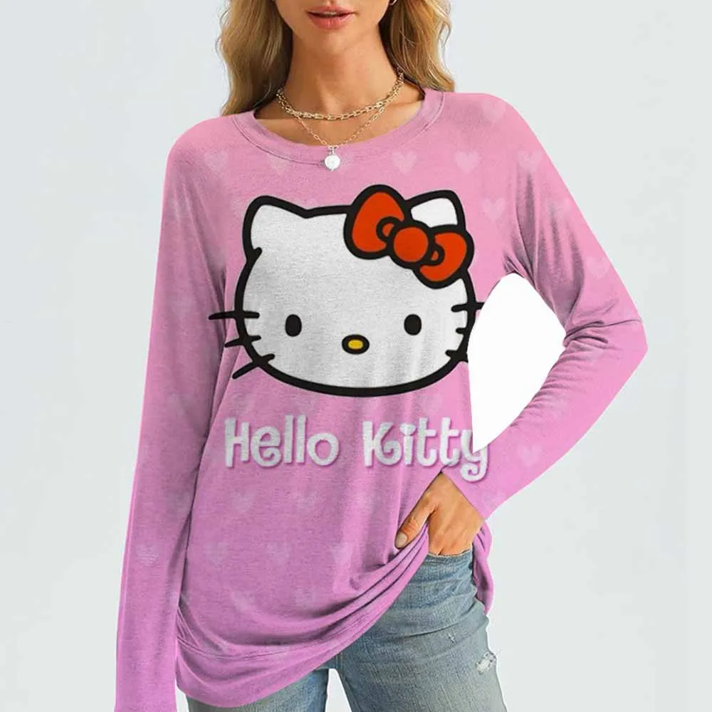

Women's T-shirt 3D printed cute Hello Kitty printed casual long sleeved round neck regular top daily printed pink spring T-shirt
