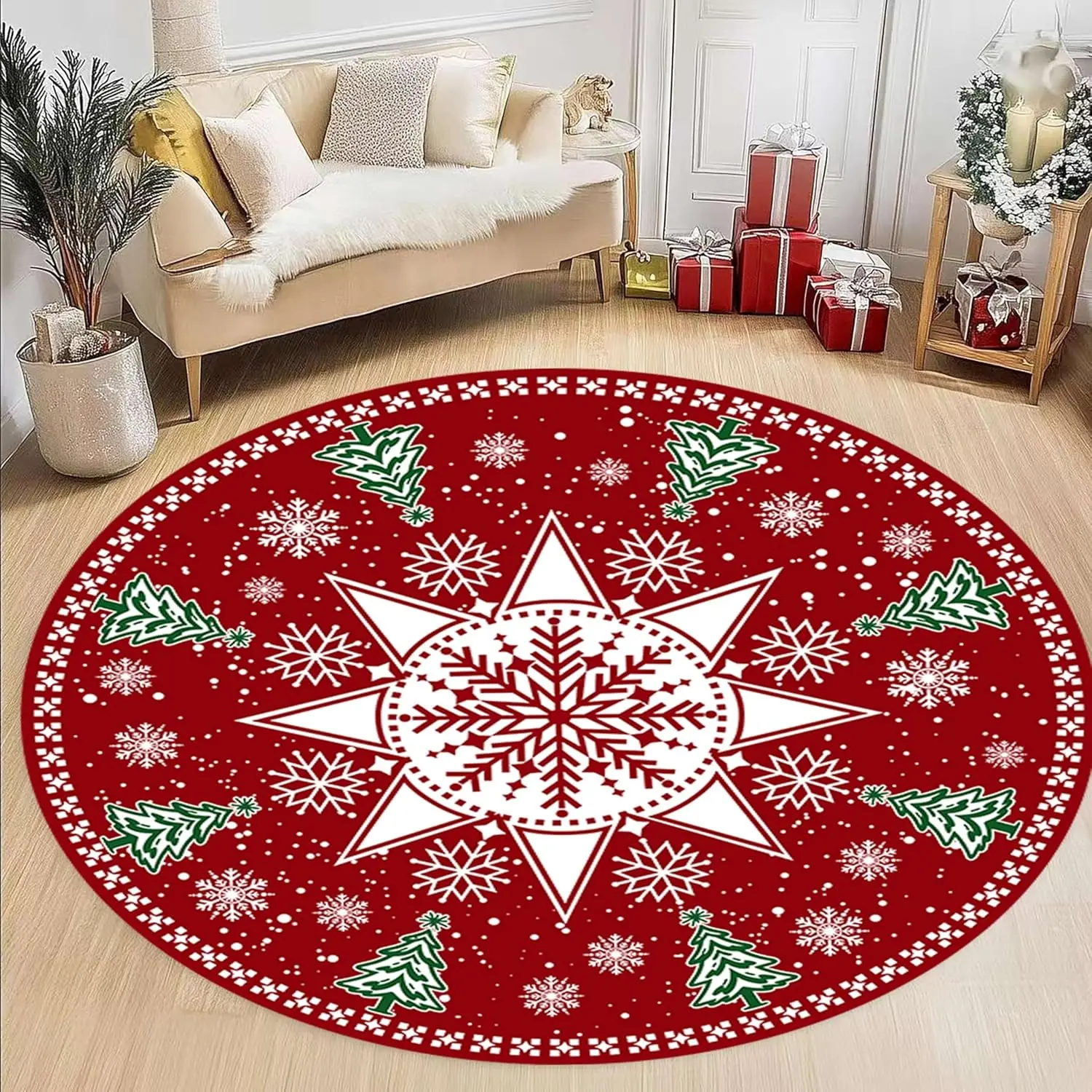 Bedside Bedroom Round Rug Xmas Tree Pink Botanical Flower Area Mat Holiday Party Spirit Anti Slip Salon Living Room Floor Carpet