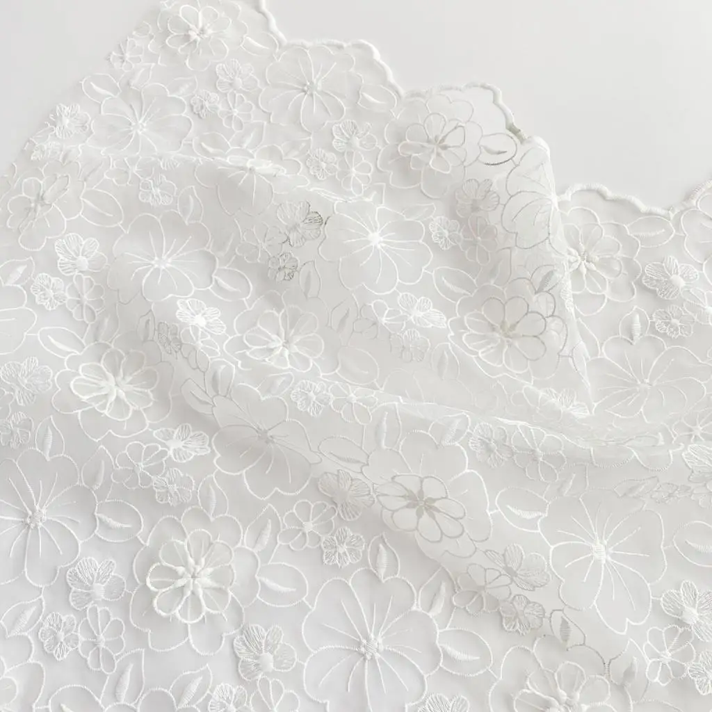 

Pure White Organza Three-Dimensional Double-Layer Embroidery Fashion Clothing Fabric Wedding Dress Curtain and Tablecloth
