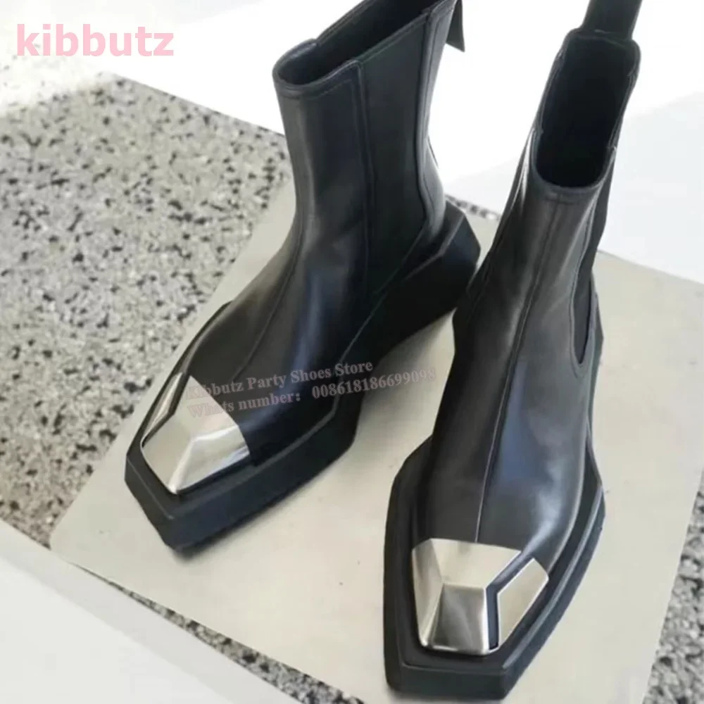 Metal Square Toe Ankle Biker Boots Thick Sole Luxury Leather Solid Color Black Slip-On British Style Fashion Elegant Sexy Shoes - Image 5