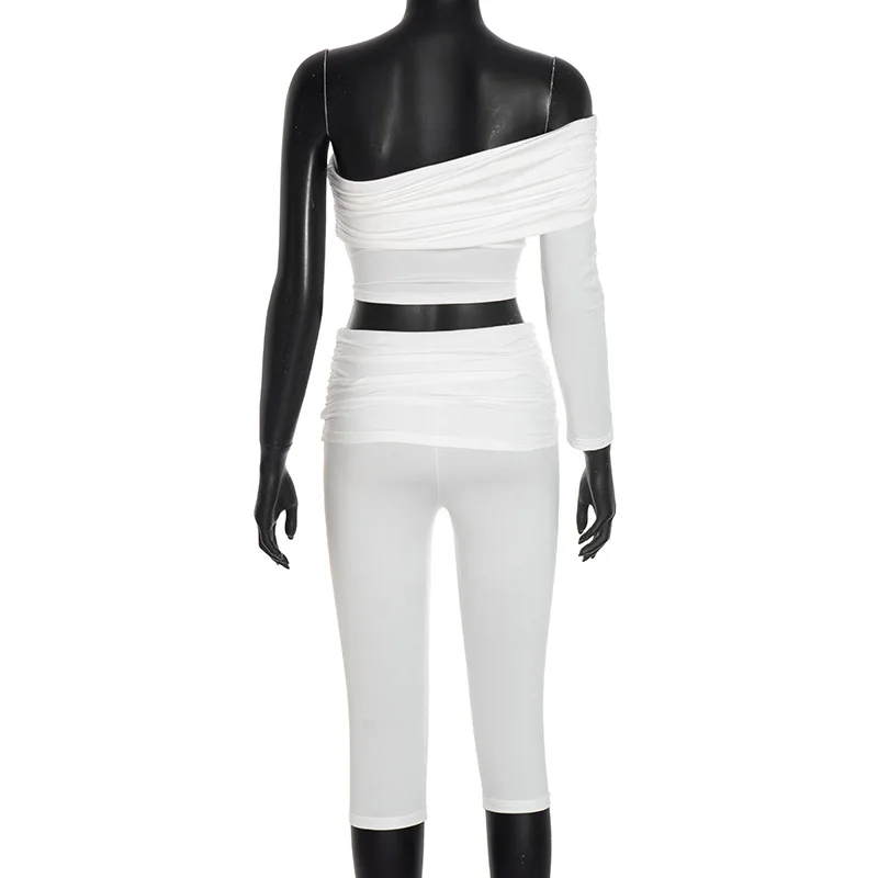 Women Sexy Ruched Slim 2 Piece Set Tracksuits 2025 Autumn One Shoulder Long Sleeve Crop Tops + High Waist Skinny Capris Pants
