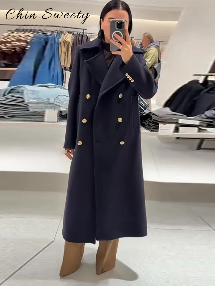 

Elegant Women's Long Woolen Coat Loose Lapel Full Sleeve Double Breasted Overcoat 2025 Autumn Winter Lady Commute Outwear New
