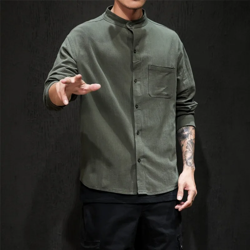 

New men's solid color long sleeved standing collar shirt trendy oversized shirts