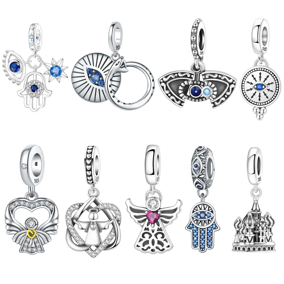MISEFF S925 Sterling Silber Perlenanhänger Hand der Fatima und Böser-Blick-Stern-Charm, religiöses Symbol für DIY-Schmuckherstellung und Geschenke ﻿