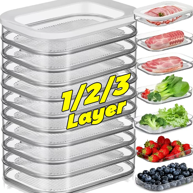 Contenedor de carne de 1/2/3 capas, refrigerador transparente, cajas de almacenamiento de alimentos con tapa, contenedores de preparación de comida de carne para almuerzo y tocino apilables