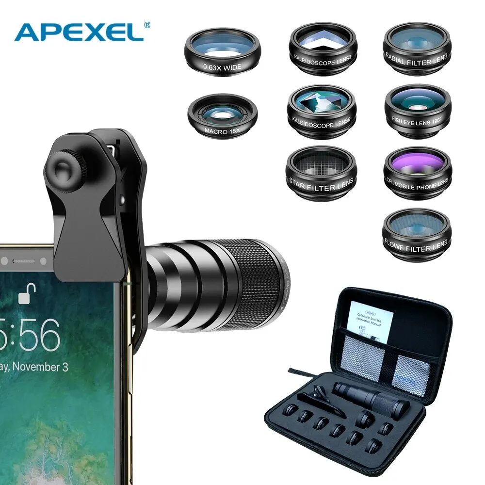 APEXEL 10 w 1 Zestaw obiektywów do telefonów komórkowych 22X Teleobiektyw typu rybie oko Szerokokątny obiektyw makro + filtry z przepływem gwiazdy CPL do wszystkich smartfonów