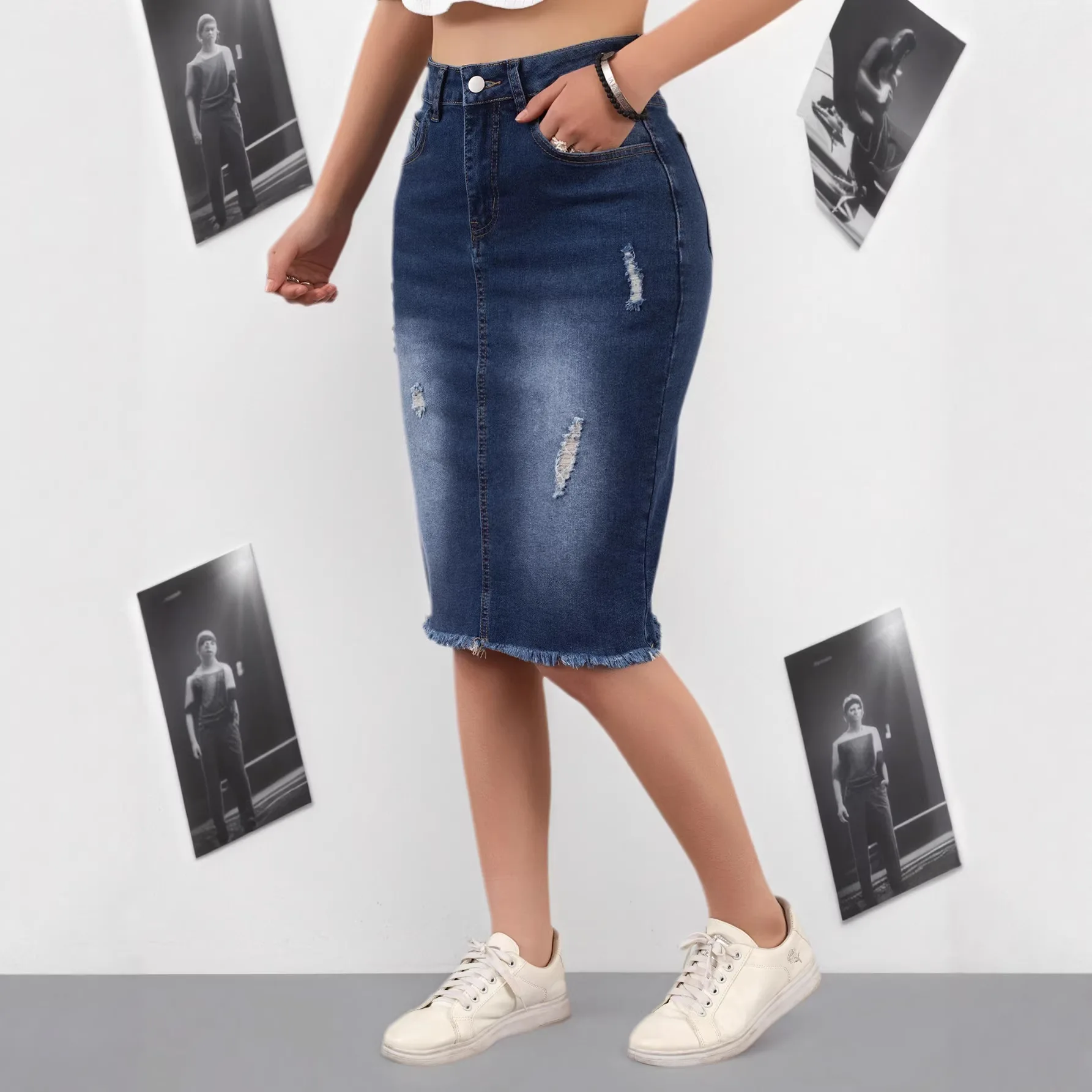 

Denim Skirt Women Hole Split Mini Skirts Pockets Ripped Sexy Slim Vintage Distressed Washed Tassels Female Streetwear Summer